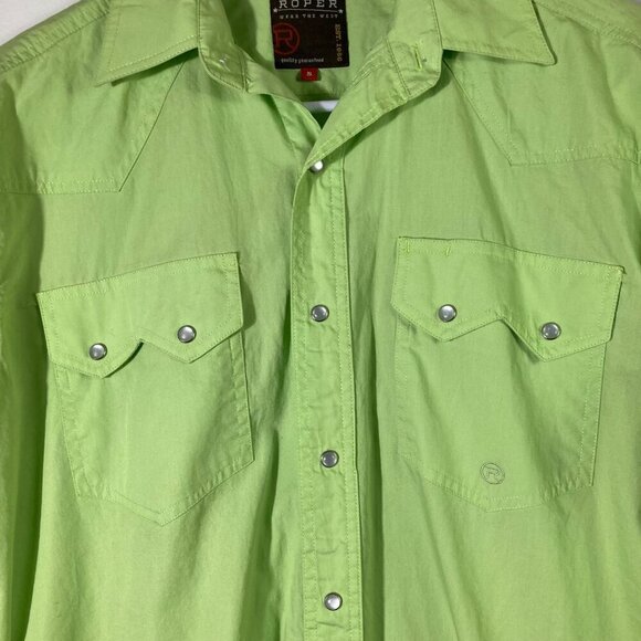 Mens Roper Western Pearl Snap Long Sleeve Shirt Lime Green S Cotton - Picture 3 of 7